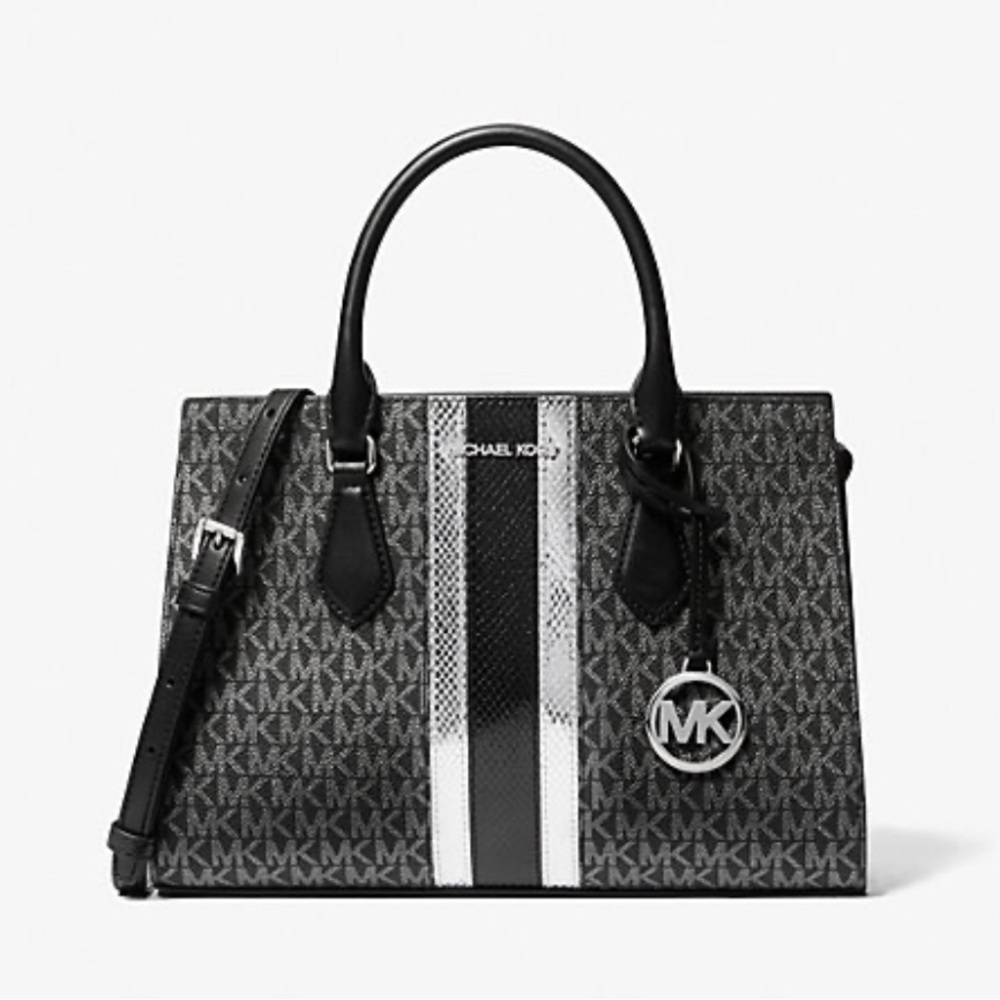 NEW MICHAEL KORS SHEILA MEDIUM SIGNATURE LOGO AND METALLIC SATCHEL
